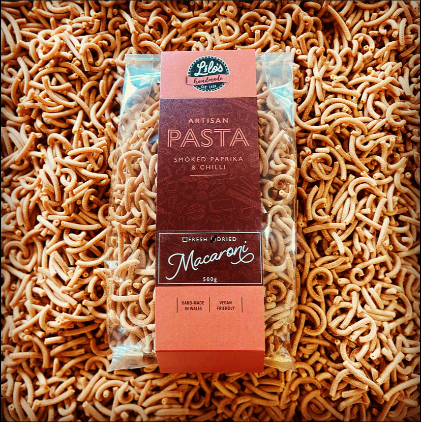 Artisan pasta package with 'Lilo's' branding on a bed of pasta
