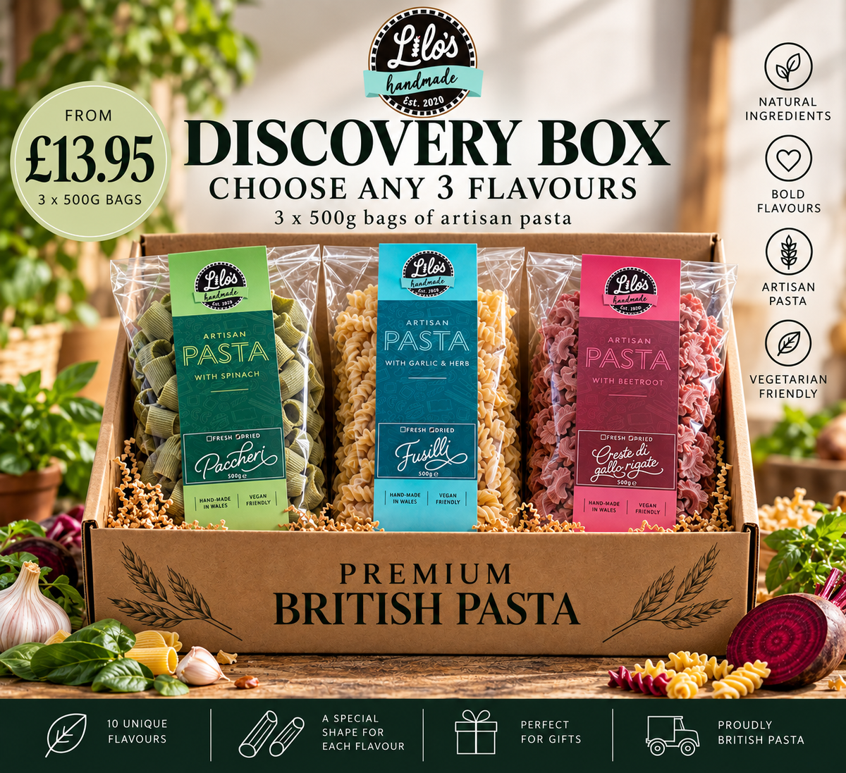 Lilo's Discovery Box - three 500g bags of premium British artisan pasta